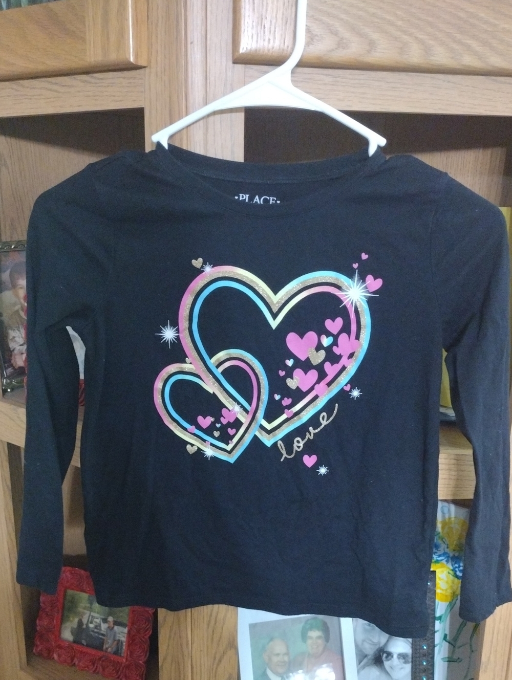 Place Black Long-Sleeve Tee with Rainbow Heart Graphics